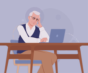 Senior man in classic vest, vintage glasses, office working. University professor, lecturer, old experienced, grey hair, older grandfather. Vector flat style cartoon illustration, creative background