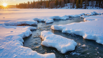 Frozen lake with ice formations at sunset, Spring Thaw Theme