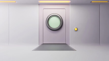 Futuristic Minimalist Door With Circular Window and Yellow Button