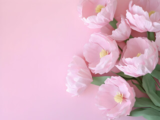 Fototapeta premium Pink tulips bouquet, pink background, spring