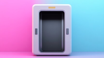 White futuristic pod like structure with an open doorway against a vibrant pink and blue gradient background. Clean lines and minimalist design. 3D rendering.