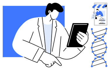 Scientist holds tablet and points at screen, DNA helix beside, small online research window. Ideal for scientific research, technology, biology, genetics, digital labs, virtual data educational