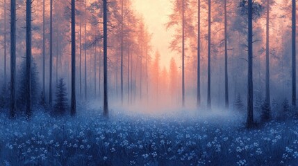 Fototapeta premium Ethereal Mist Floating in a Tranquil Woodland Scene at Dawn
