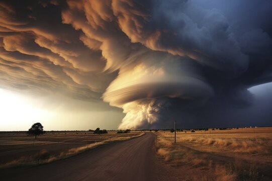 A huge tornado in the sky, road in front, natural disaster, severe weather, climate change, AI generated