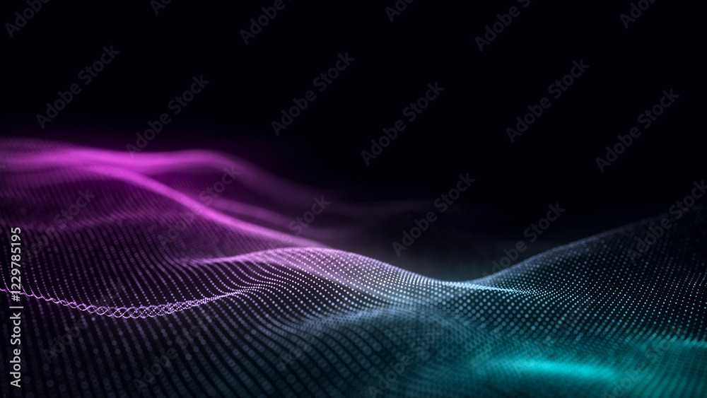 Aufkleber Music color wave of particles and lines. Big data visualization. Abstract blue background with a dynamic wave. 3d rendering.