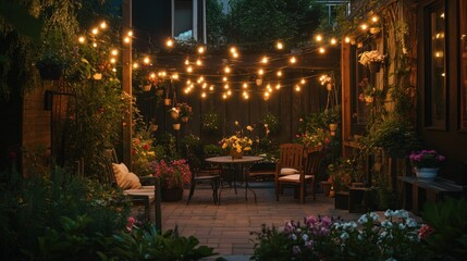 A cozy garden patio illuminated by string lights, surrounded by vibrant flowers and plants.