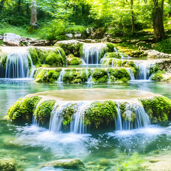 Serene forest waterfalls, lush greenery, calm pools