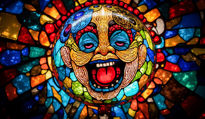 Obraz premium an image of a stained glass window with the face of a clown on it