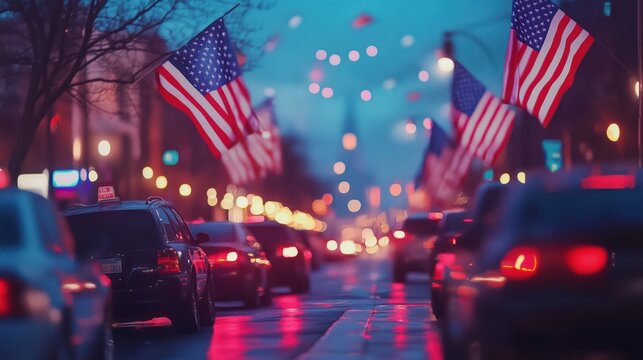 City street with cars driving on road decorated with American flags at sunset. Happy Independence Day.