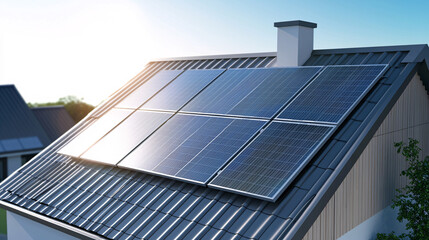 Fototapeta premium Close up of solar cell grid installed on roof, showcasing renewable energy technology. sunlight reflects off panels, emphasizing their efficiency and modern design