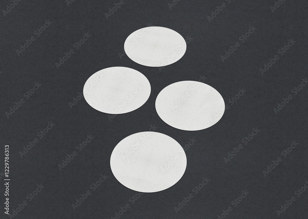 Poster four white circles vertically aligned on a dark background in a simple geometric pattern, blank whit