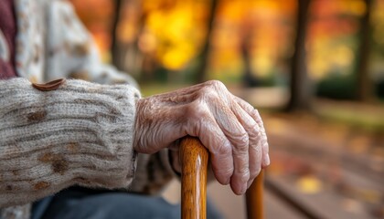 Golden Years Senior s Hand Resting On Cane In Autumn Park, Tranquility And Aging Concept
