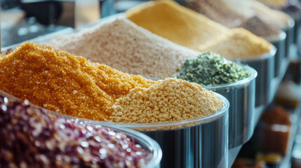 Raw ingredients arranged on factory conveyor belt in a food processing facility showcasing diverse spices and powders