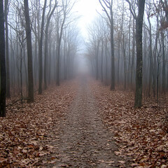 Naklejka premium Foggy path, autumn woods, leaf-covered trail, peaceful scene