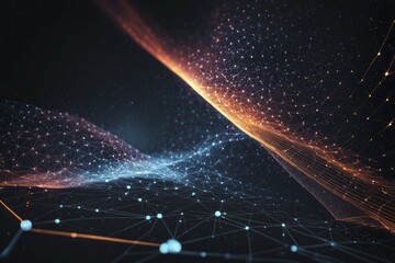 Obraz premium Abstract digital art showing red and blue connected lines and particles against a dark background, AI generated