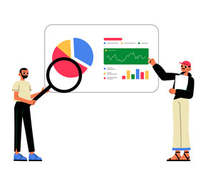 Business Analysts With Data Charts And Graphs In Flat Vector Illustration Symbolizing Market Research, Data Analytics, And Performance Evaluation, Isolated On White Background.