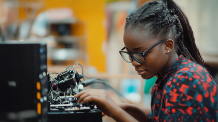 Woman setting up audio equipment in a creative workspace during daylight