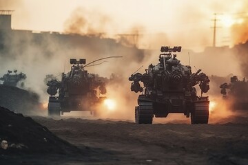 Fictional, AI combat robot tank on a burnt battlefield of a city, AI generated