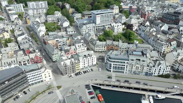 Oslo Cityscape Harbor Norway Aerial View, Beautiful panoramic aerial view from flying drone for Oslo city center. Against the background of the sea, mountains and blue sky on a sunny summer day
