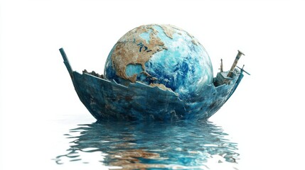 This imaginative artwork depicts a globe sitting in a broken boat, symbolizing the fragility of our planet. It emphasizes environmental issues and climate change.