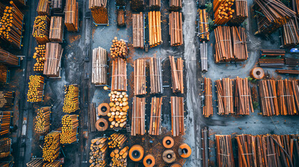 Sawmill wood logs stacked in a storage area with heavy machinery working