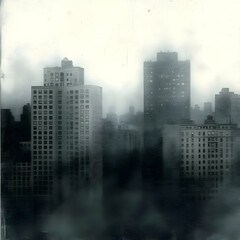 Foggy city skyline, urban view, atmospheric