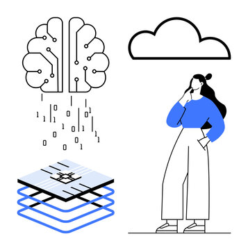Woman thinking, digital brain with binary code, cloud, data layers with circuit. Ideal for AI, cloud computing, data analysis, innovation, technology digital transformation artificial intelligence