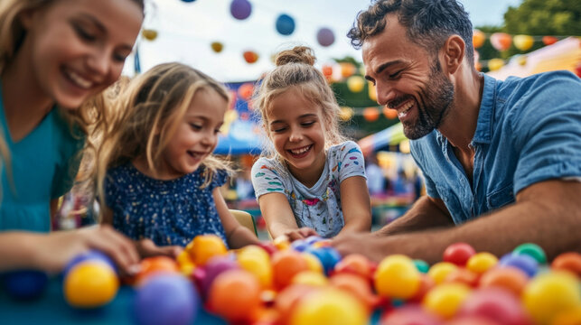 Family enjoys playing games at a lively community fair during a sunny afternoon