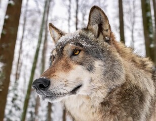 Fototapeta premium Majestic wolf observing winter wonderland in snowy forest