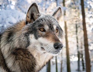 Fototapeta premium Majestic wolf staring in snowy forest habitat, wildlife portrait
