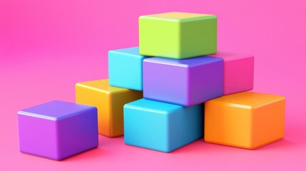 Obraz premium Colorful Stacked Cubes on Pink Background for Data Representation and Annotations
