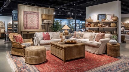 Fototapeta premium A cozy living space with rattan ottomans, a wooden coffee table, and soft lighting.