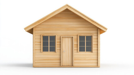 compact wooden house with simple structure, featuring front door and four windows, exuding cozy and inviting atmosphere