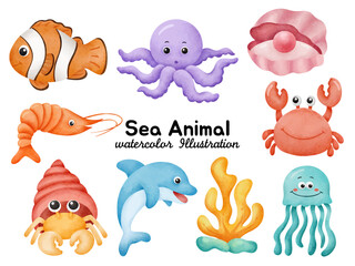 Watercolor Sea Animals Clipart Collection - Cute Dolphin, Octopus,  Crab, Shrimp, and Seashell Illustrations