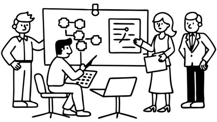 Scrum board meeting. Business team planning tasks, office workers conference and workflow plan flowchart cartoon vector