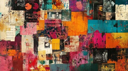 Fototapeta premium A vibrant, multicolored abstract artwork composed of layered paint and collage elements, celebrating the creativity and diversity of World Art Day