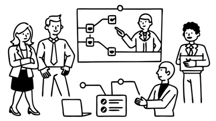 Scrum board meeting. Business team planning tasks, office workers conference and workflow plan flowchart cartoon vector
