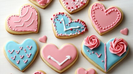 A set of Valentine cookies in various shapes like hearts, arrows, and roses, decorated with colorful icing