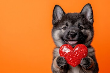Cute akita canine with sparkling rhinestones red heart - emblem of love, funny greeting card. Ad graphic design. Akita - my treasured dog. Red and pink dog photos. February pet love.