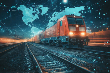 Obraz premium High-Speed Freight Train with Global Map Overlay - Modern Logistics Concept