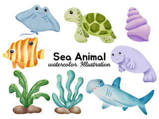 Watercolor Sea Animals Clipart Set -  Cute Turtle, Stingray, Manatee,  Shark, Fish, Seashell, and Seaweed