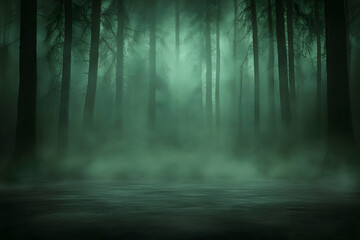 Fototapeta premium Foggy forest path, mysterious woods, eerie scene, background for fantasy
