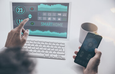 Smart home application on virtual pc. Domotic, technology automation, remote control system concept