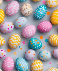 Obraz premium Colorful decorated Easter eggs and festive dots arranged on a light background for Spring celebration