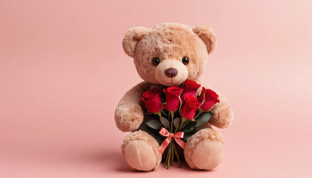 A cute teddy bear holding a bucket of roses against a soft pink background.