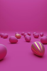 Many pink Easter eggs with golden egg on a pink background, modern Easter background, 3d rendering