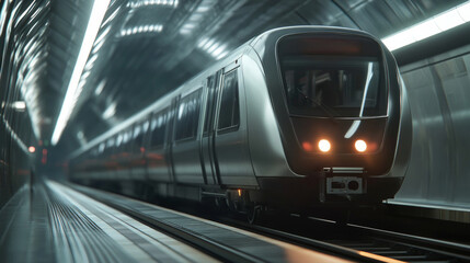 Naklejka premium Subway train approaches station platform at high speed during rush hour with commuters waiting nearby