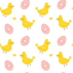 Cute Easter seamless pattern with adorable cartoon chicks and eggs. Childish vector seamless pattern perfect for kids textile, fabric, wrapping paper, wallpaper, background and so on