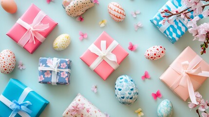 Fototapeta premium Colorful Easter decorations with vibrant eggs and beautifully wrapped gifts on a pastel background