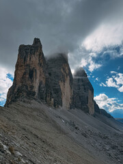 distant view of the mountain shelter of tre cime di lavaredo